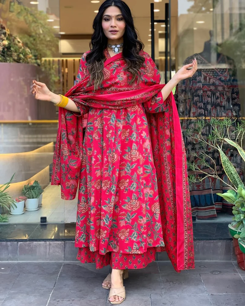 GoSriKi Women's Rayon Viscose Anarkali Printed Kurta with Palazzo & Dupatta Pink