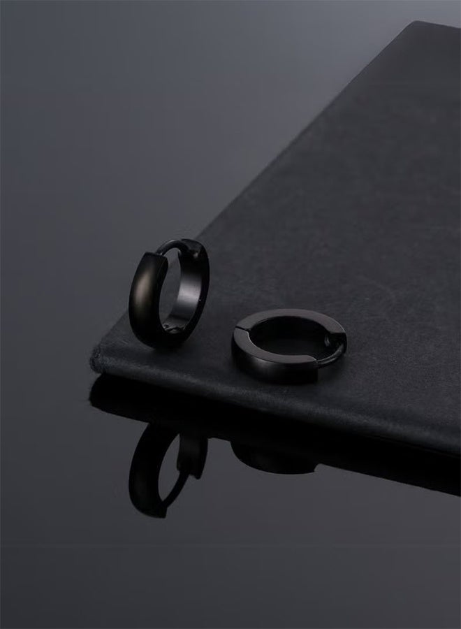 Happy D 2-Pair Curved Titanium Steel Huggie Hoops — Pierced, Snap-Lock / Click Closure, Rounded Dome Edge, Hypoallergenic (Black & Silver) - Image 4