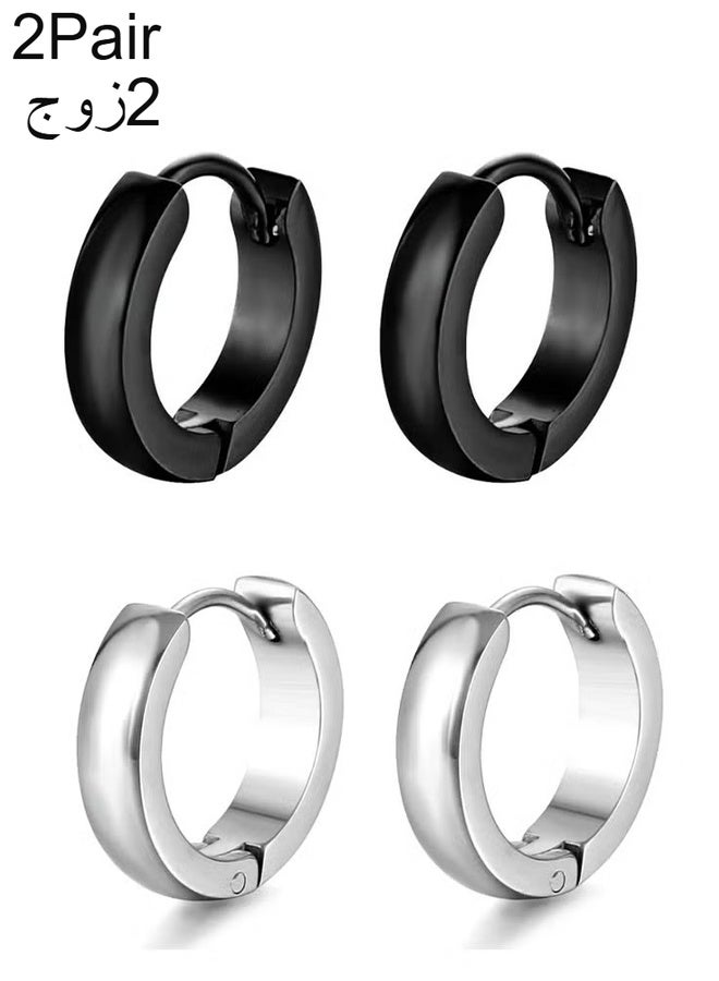 Happy D 2-Pair Curved Titanium Steel Huggie Hoops — Pierced, Snap-Lock / Click Closure, Rounded Dome Edge, Hypoallergenic (Black & Silver) - Image 1
