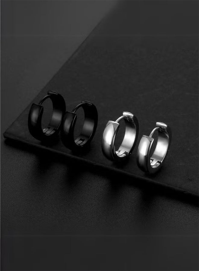 Happy D 2-Pair Curved Titanium Steel Huggie Hoops — Pierced, Snap-Lock / Click Closure, Rounded Dome Edge, Hypoallergenic (Black & Silver) - Image 2