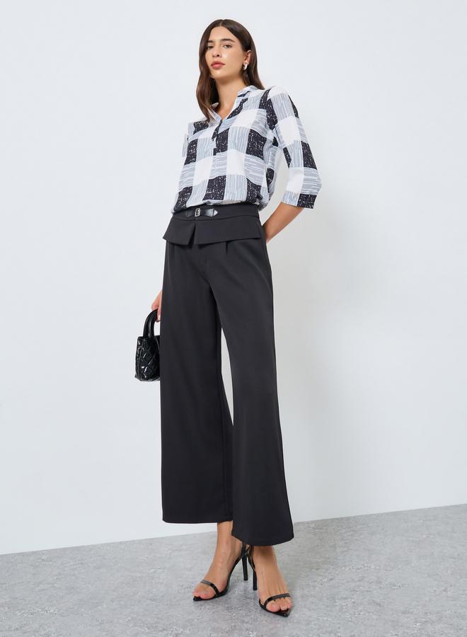 Take Two Women Solid Metal Buckle Waist Wide Leg Pants - Image 1