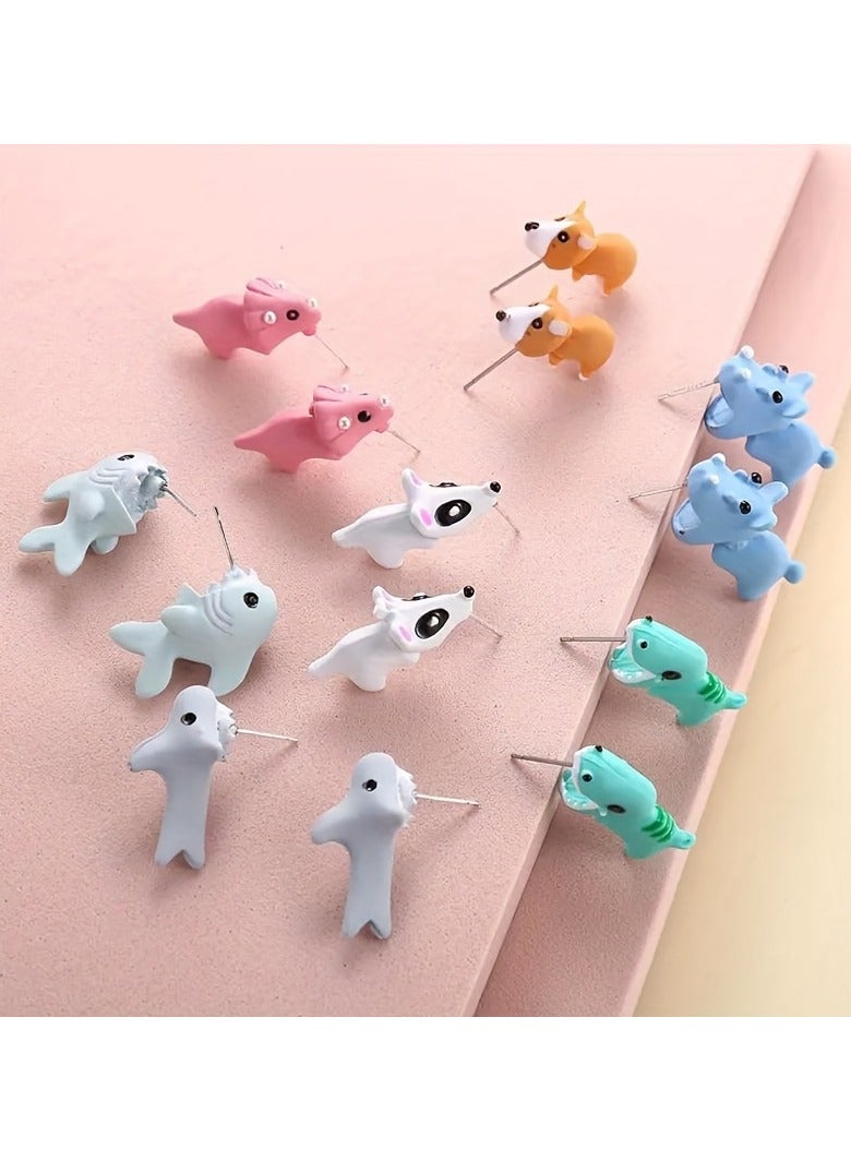 Charming 14-piece Cute Animal Earring Set - Dinosaur, Puppy And Whale Designs - Fun Clay-bite Jewelry Gift Fun Gifts And Accessories - Image 2