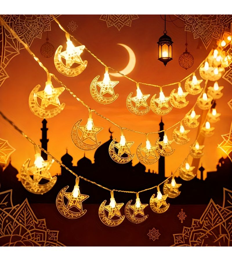 1pc Large Moon And Star String Lights Warm 3m With 10 Or 20 LED Bulbs Battery Powered For Ramadan Eid Celebration Islamic Festival Indoor Decor - Image 1