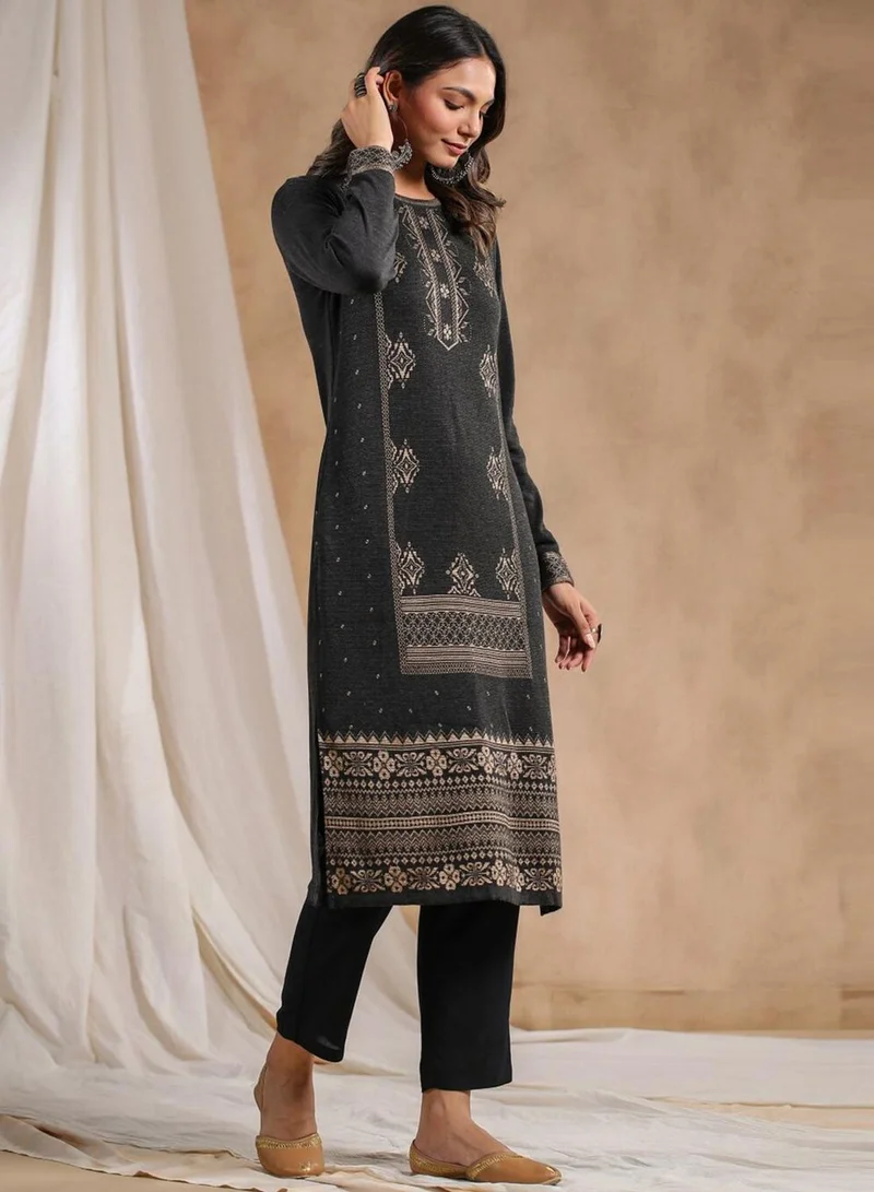ISHIN Women's Charcoal Polyester Blend Embellished Tunic Straight Fit Kurta