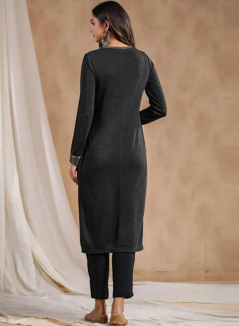 ISHIN Women's Charcoal Polyester Blend Embellished Tunic Straight Fit Kurta