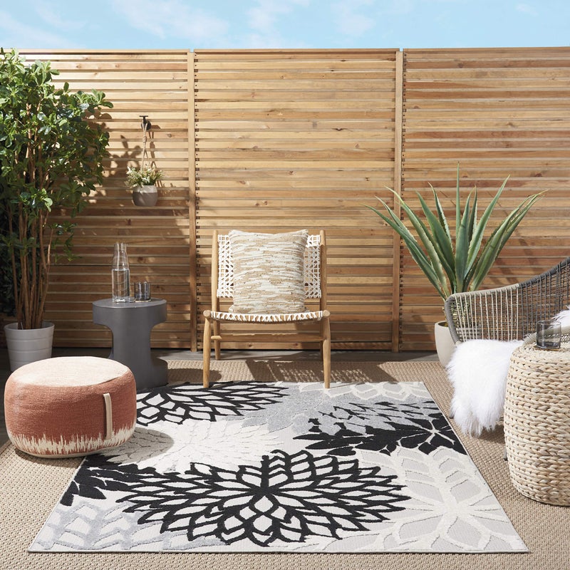 Nourison Home Aloha Indoor/Outdoor Black White 5'3" x 7'5" Area Rug, Tropical, Botanical, Easy Cleaning, Non Shedding, Bed Room, Living Room, Dining Room, Deck, Backyard, Patio (5x7) - Image 1