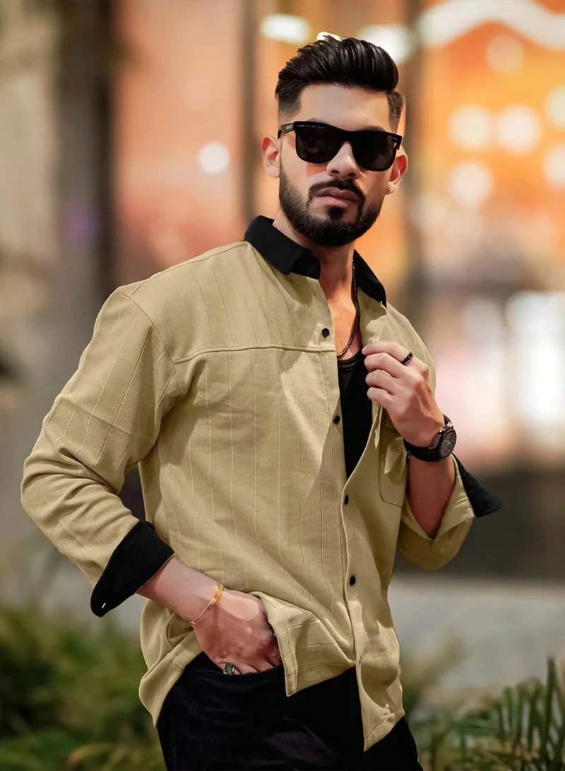 Maniac Maniac - Mens Solid Collared Neck Full Sleeve Biscuit and Black Cotton Shirt