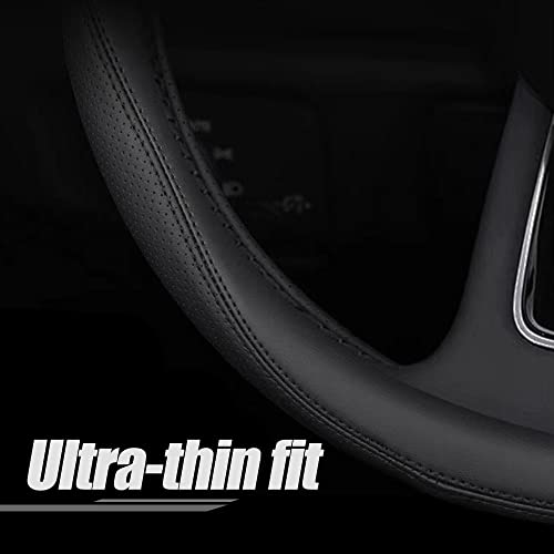 Carodi Latest Nappa Leather car Steering Wheel Cover, Stylish Non-Slip Leather car Interior 15 inches Universal（Black） - Image 2