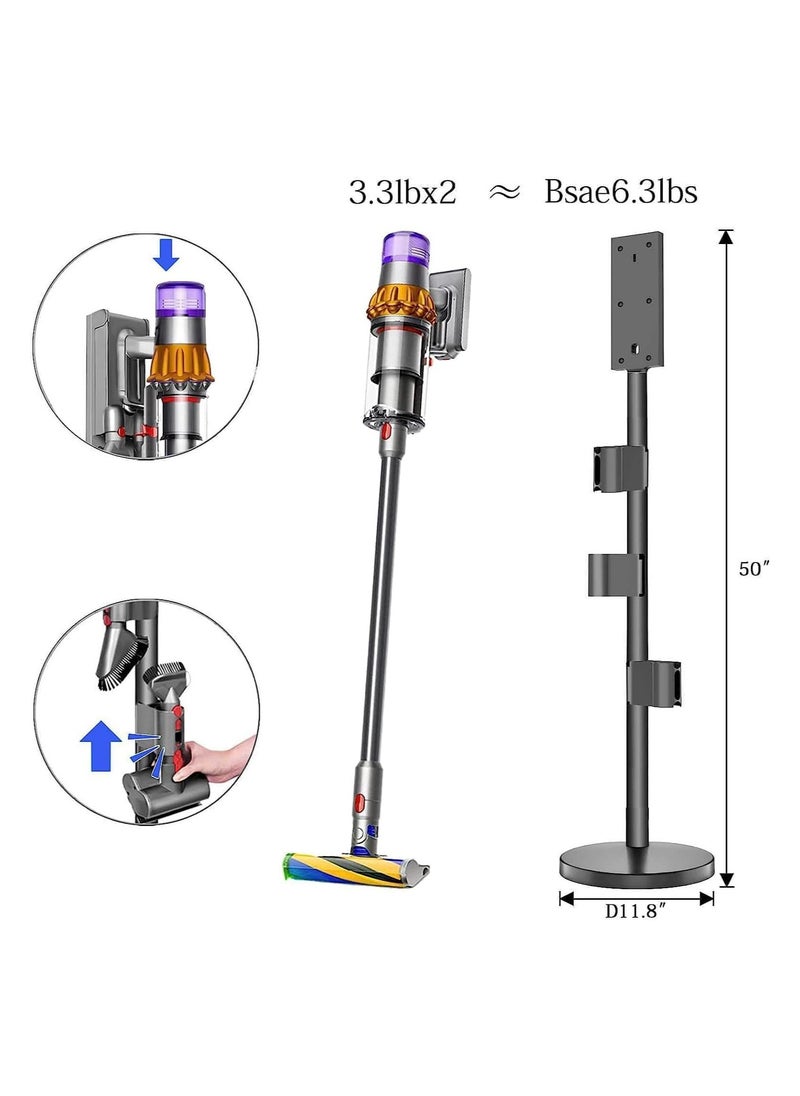 XICEN Vacuum Cleaner Stand – Vacuum Holder for Dyson V15 Detect ,V12,V11,V10,V8, V7 -Sturdy Aluminum Tube Storage Holder, 6.2 Lbs Steel Base, 3 accessory clips for Up to 9 Attachments & Charger, With Trigger Lock,Drill-Free  - Image 3