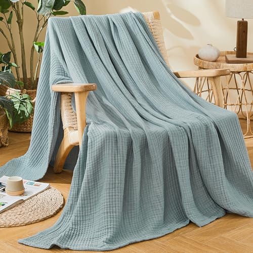EMME Cotton Muslin Large Throw Blanket Couch Breathable Gauze Soft Lightweight Bed Blankets Adults Heather Teal 50x70 - Image 3