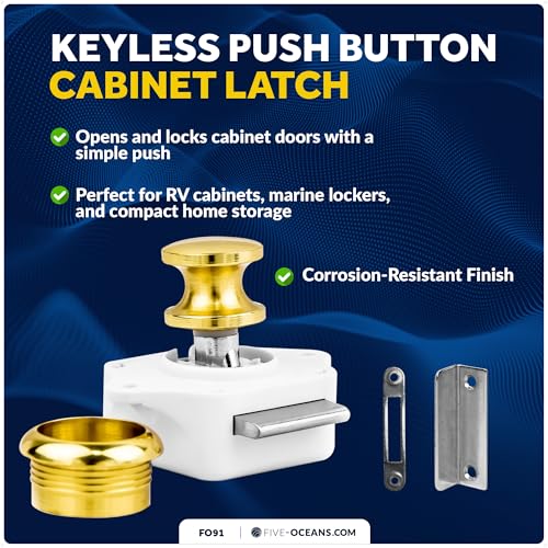 Five Oceans Polished Brass Keyless Push Button Latch, Marine Boat, RV, and Home Cabinet Door Latch, 9/16" to 1" Door Thickness, Push-to-Open, Easy Install, Corrosion-Resistant - FO91 - Image 2
