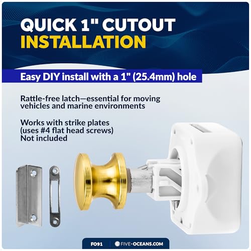 Five Oceans Polished Brass Keyless Push Button Latch, Marine Boat, RV, and Home Cabinet Door Latch, 9/16" to 1" Door Thickness, Push-to-Open, Easy Install, Corrosion-Resistant - FO91 - Image 3