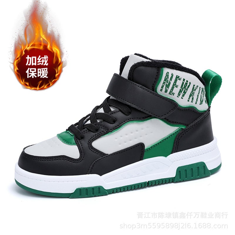 Kids High-Top Sneakers Winter 2024 Warm Cotton Velvet Casual Shoes Black and green [plus velvet]