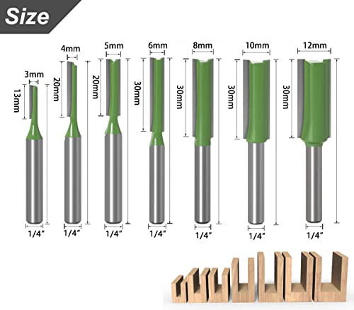 Saipe 7pcs 1/4" Shank Tungsten Carbide Double&Single Flute Straight Dado Router Bit Set, 3/4/5/6/8/10/12mm Cutting Diameter Trimming Cutter for Woodworking, Green - Image 4