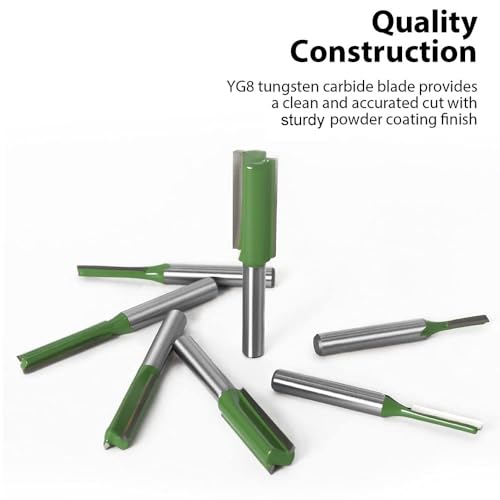 Saipe 7pcs 1/4" Shank Tungsten Carbide Double&Single Flute Straight Dado Router Bit Set, 3/4/5/6/8/10/12mm Cutting Diameter Trimming Cutter for Woodworking, Green - Image 5