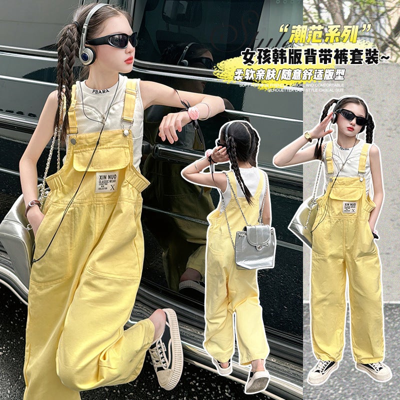 Girls summer suspenders two-piece set 205 new cuhk Korean childrens yellow thin washed cotton suit Vest and suspenders suit