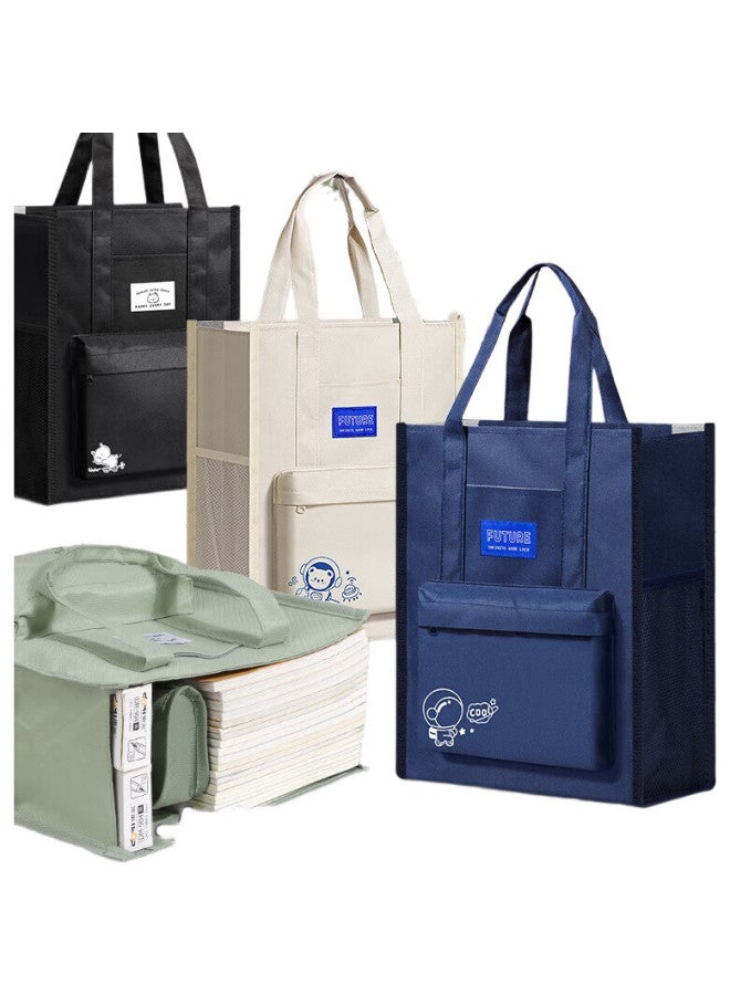 Ujia [Back To School Essential] Ujia Handheld Tutoring Bag, Cute Canvas Elementary School Homework Storage Bag, Large Capacity For Extracurricular Art Drawing, Canvas Test Paper Storage Bag, Schoolbag, Navy Blue - Image 2