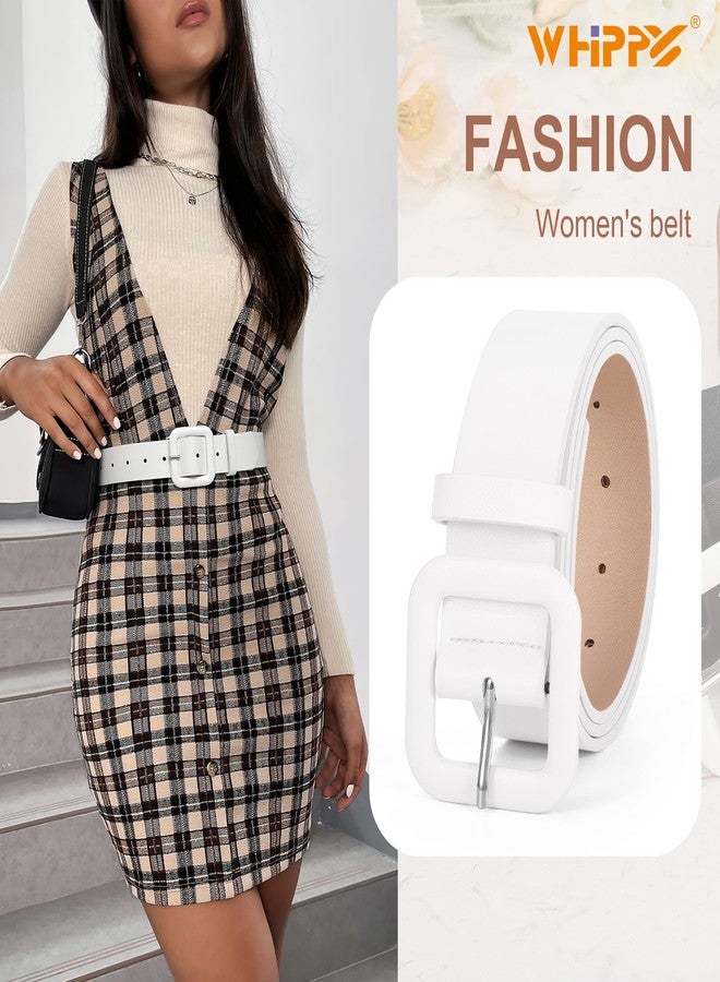WHIPPY Women Leather Belt Candy Color Fashion Square Buckle Belt Ladies Belt for Jeans Pants Dresses, White, M - Image 2