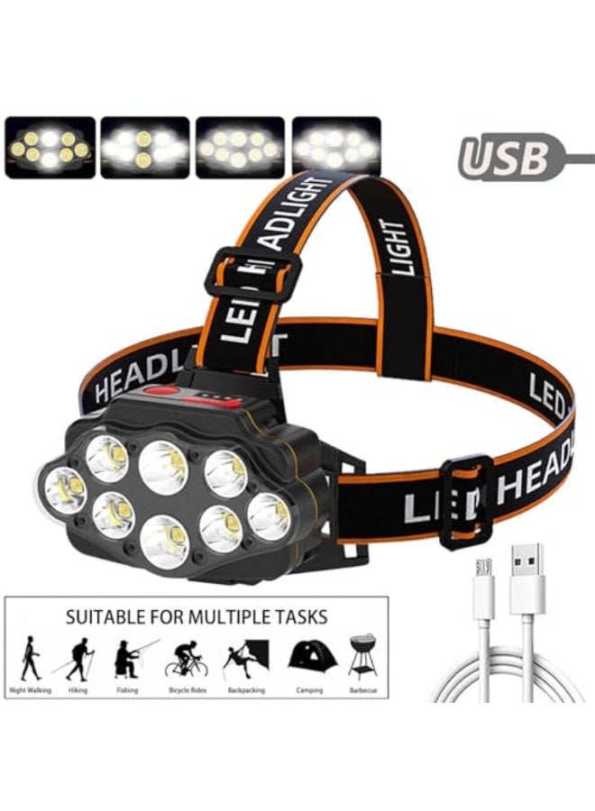 18000 Lumen Rechargeable Headlamp - 8 LED Super Bright USB Head Light, Waterproof, 8 Modes with Red Light, Lightweight Head Flashlight for Camping, Hiking, Running, Hunting - Image 2