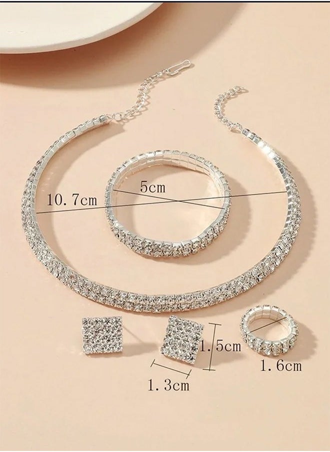 Generic - 4 Pcs Rhinestone Choker Bracelet Ring Earrings Studs Set Double Row Round Diamond Collar Necklace Bridal Evening Dress Accessories for Women Silver/Clear - Image 1