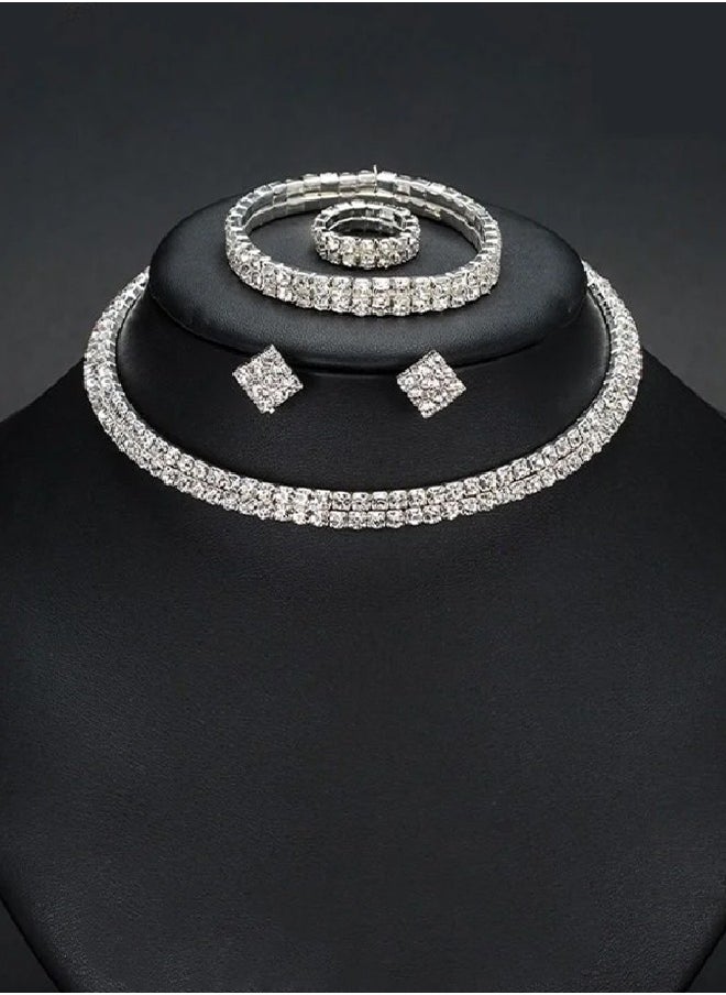 Generic - 4 Pcs Rhinestone Choker Bracelet Ring Earrings Studs Set Double Row Round Diamond Collar Necklace Bridal Evening Dress Accessories for Women Silver/Clear - Image 1