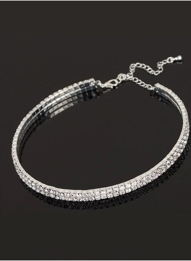 Generic - 4 Pcs Rhinestone Choker Bracelet Ring Earrings Studs Set Double Row Round Diamond Collar Necklace Bridal Evening Dress Accessories for Women Silver/Clear - Image 1