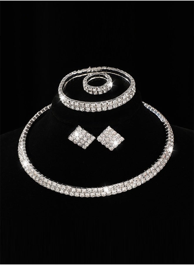 Generic - 4 Pcs Rhinestone Choker Bracelet Ring Earrings Studs Set Double Row Round Diamond Collar Necklace Bridal Evening Dress Accessories for Women Silver/Clear - Image 1