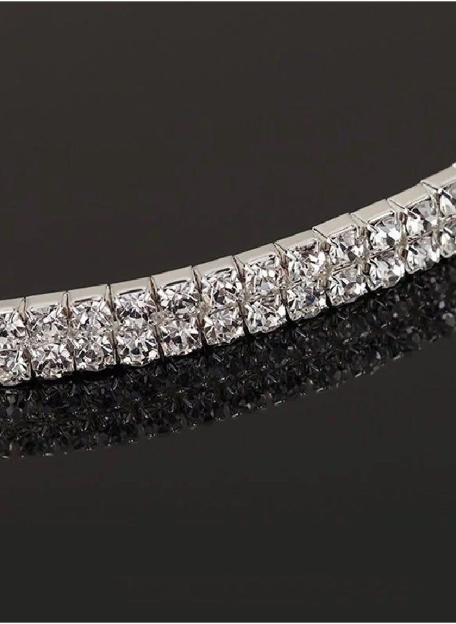 Generic - 4 Pcs Rhinestone Choker Bracelet Ring Earrings Studs Set Double Row Round Diamond Collar Necklace Bridal Evening Dress Accessories for Women Silver/Clear - Image 1
