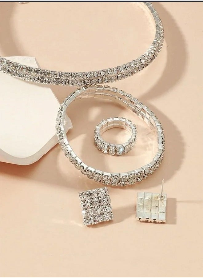 Generic - 4 Pcs Rhinestone Choker Bracelet Ring Earrings Studs Set Double Row Round Diamond Collar Necklace Bridal Evening Dress Accessories for Women Silver/Clear - Image 1