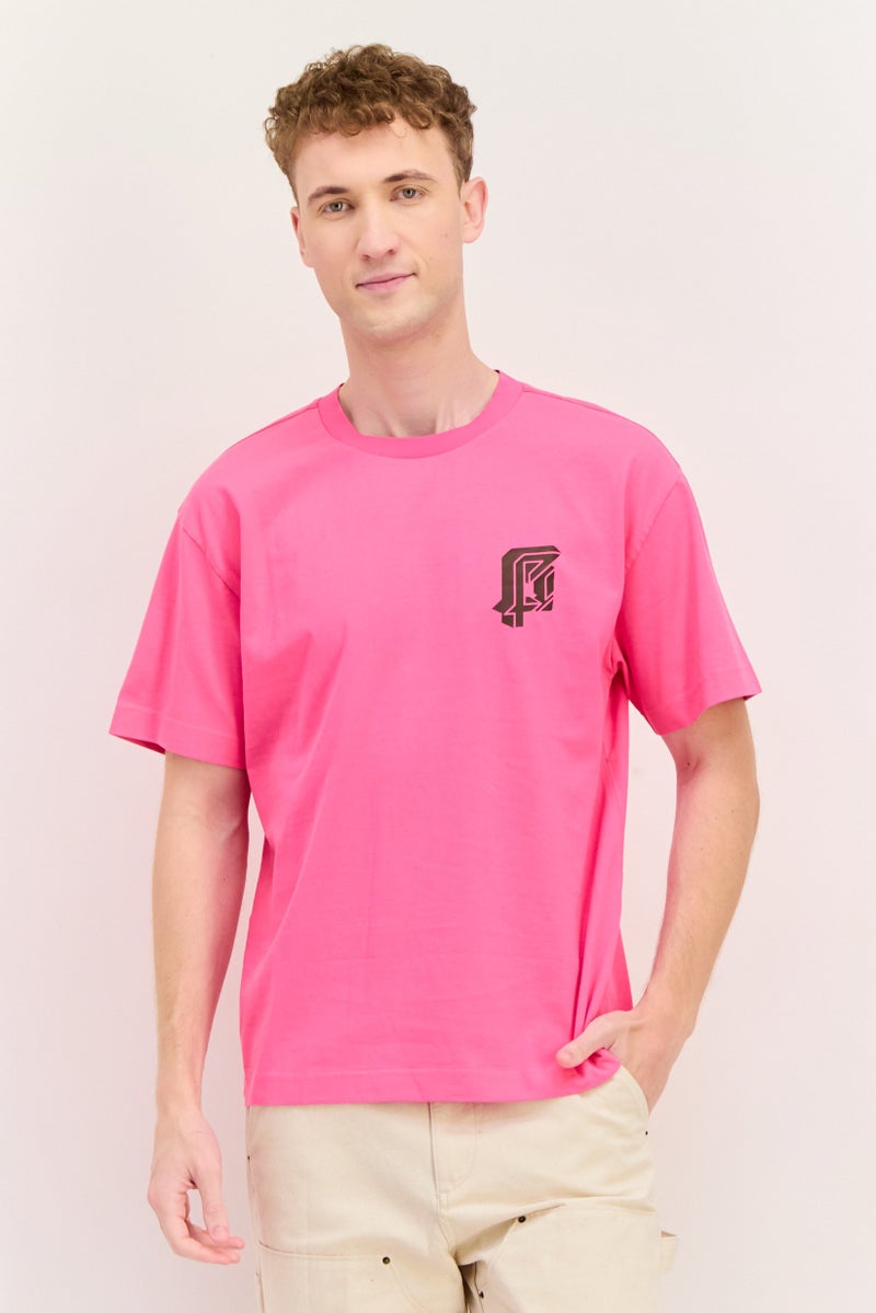 ESPRIT تي شيرت رجالي بأكمام قصيرة وياقة دائرية، مطبوع برسومات، وردي - Image 1