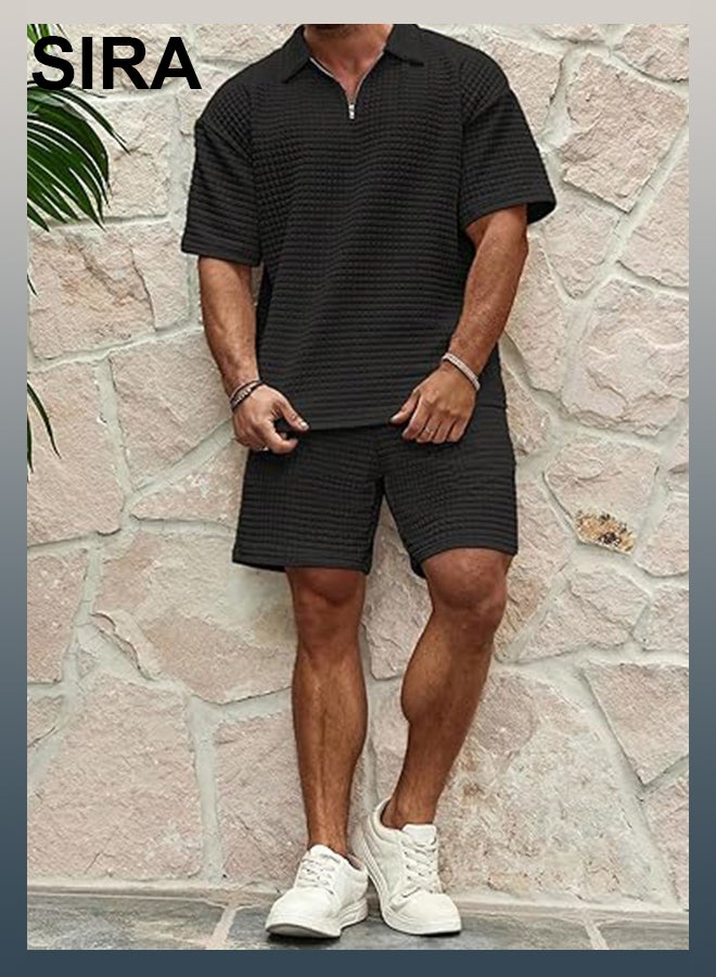 SIRA Men's Black Sportswear Set - Breathable Waffle-Knit T-Shirt & Shorts, Lightweight Quick-Dry Lounge Wear for Travel/Home/Outdoor, Comfort Fit - Image 4