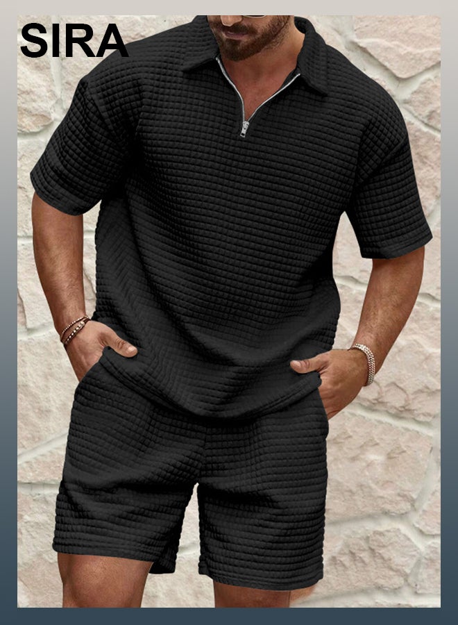 SIRA Men's Black Sportswear Set - Breathable Waffle-Knit T-Shirt & Shorts, Lightweight Quick-Dry Lounge Wear for Travel/Home/Outdoor, Comfort Fit - Image 2