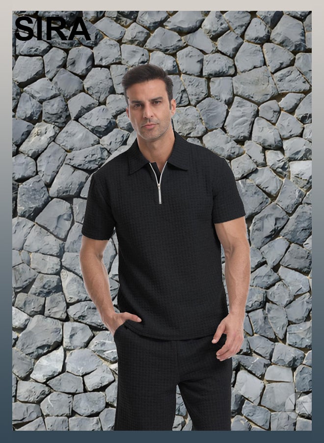 SIRA Men's Black Sportswear Set - Breathable Waffle-Knit T-Shirt & Shorts, Lightweight Quick-Dry Lounge Wear for Travel/Home/Outdoor, Comfort Fit - Image 1