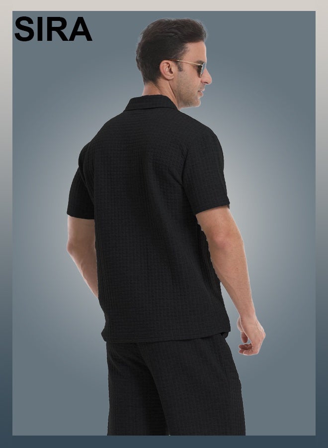 SIRA Men's Black Sportswear Set - Breathable Waffle-Knit T-Shirt & Shorts, Lightweight Quick-Dry Lounge Wear for Travel/Home/Outdoor, Comfort Fit - Image 5