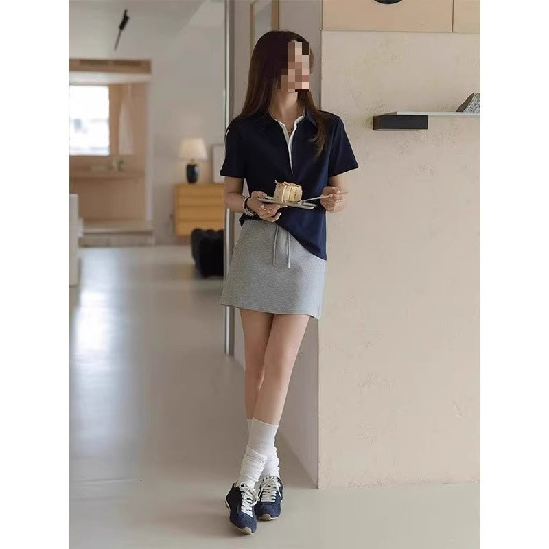2025 New Summer Korean Fashion Navy Blue Short-Sleeved T-Shirt Polo Collar Simple Slim Right Shoulder Fashion Top - Image 4