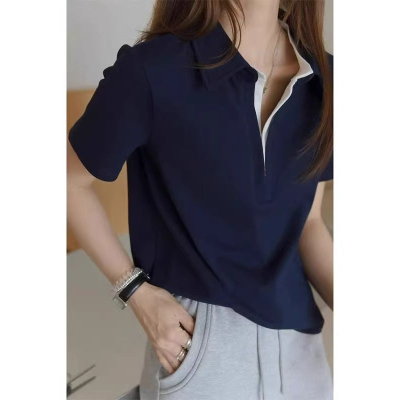 2025 New Summer Korean Fashion Navy Blue Short-Sleeved T-Shirt Polo Collar Simple Slim Right Shoulder Fashion Top - Image 2