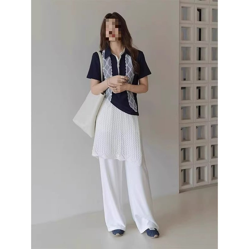 2025 New Summer Korean Fashion Navy Blue Short-Sleeved T-Shirt Polo Collar Simple Slim Right Shoulder Fashion Top - Image 5