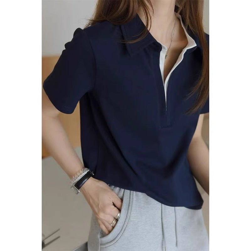 2025 New Summer Korean Fashion Navy Blue Short-Sleeved T-Shirt Polo Collar Simple Slim Right Shoulder Fashion Top - Image 1
