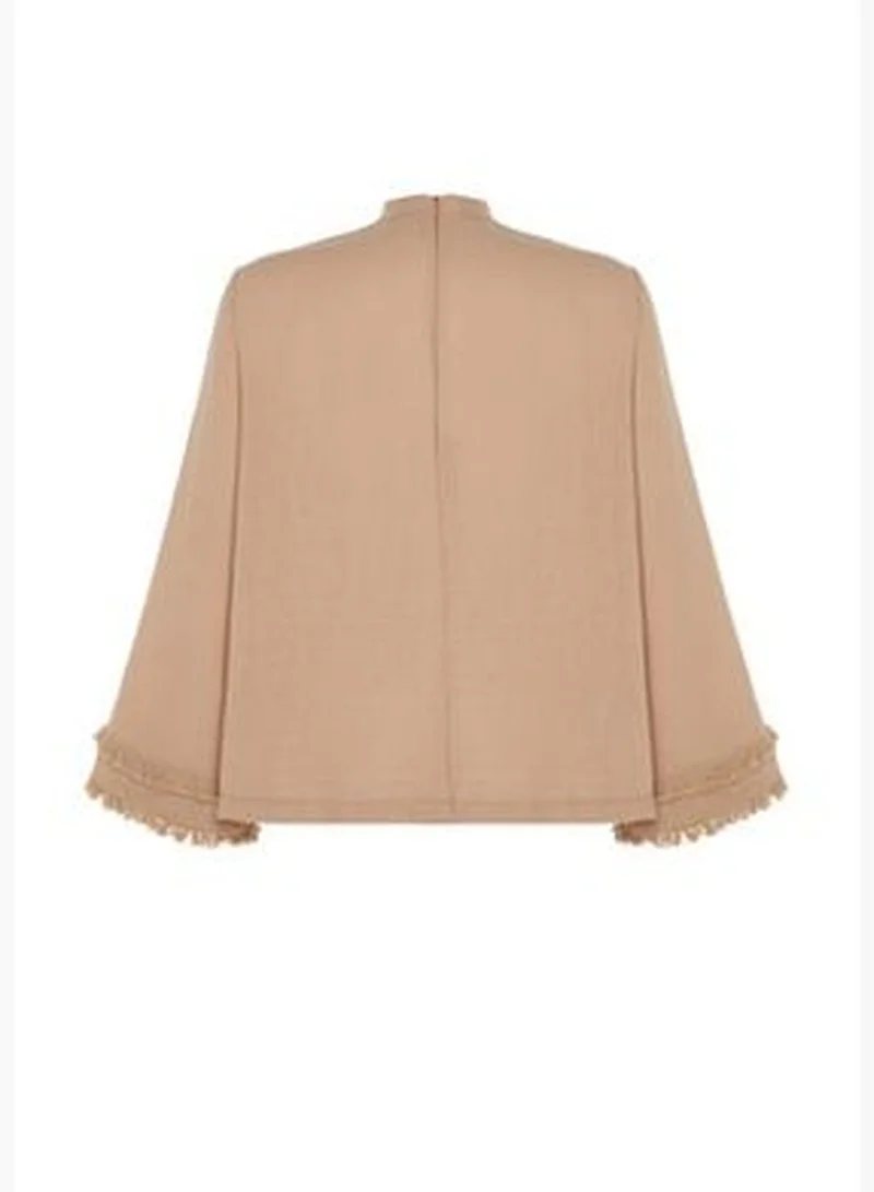 trendyol X Kevser Sarıoğlu Beige Weave Tunic with Tassel Detail, Stand-Up Collar T