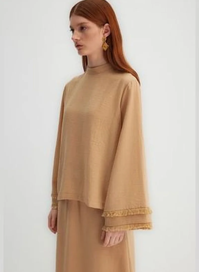 trendyol X Kevser Sarıoğlu Beige Weave Tunic with Tassel Detail, Stand-Up Collar T