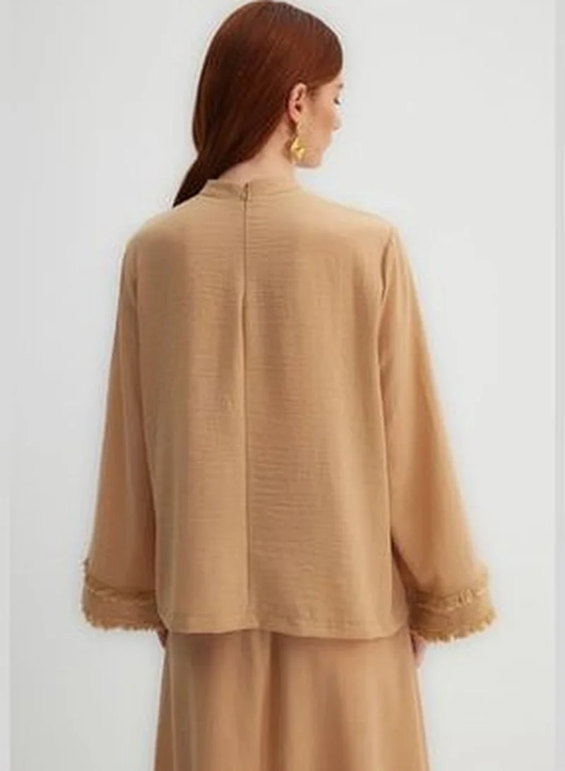 trendyol X Kevser Sarıoğlu Beige Weave Tunic with Tassel Detail, Stand-Up Collar T