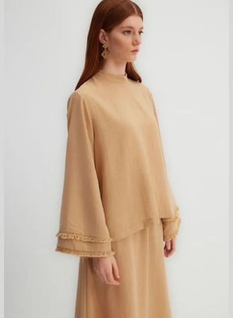 trendyol X Kevser Sarıoğlu Beige Weave Tunic with Tassel Detail, Stand-Up Collar T