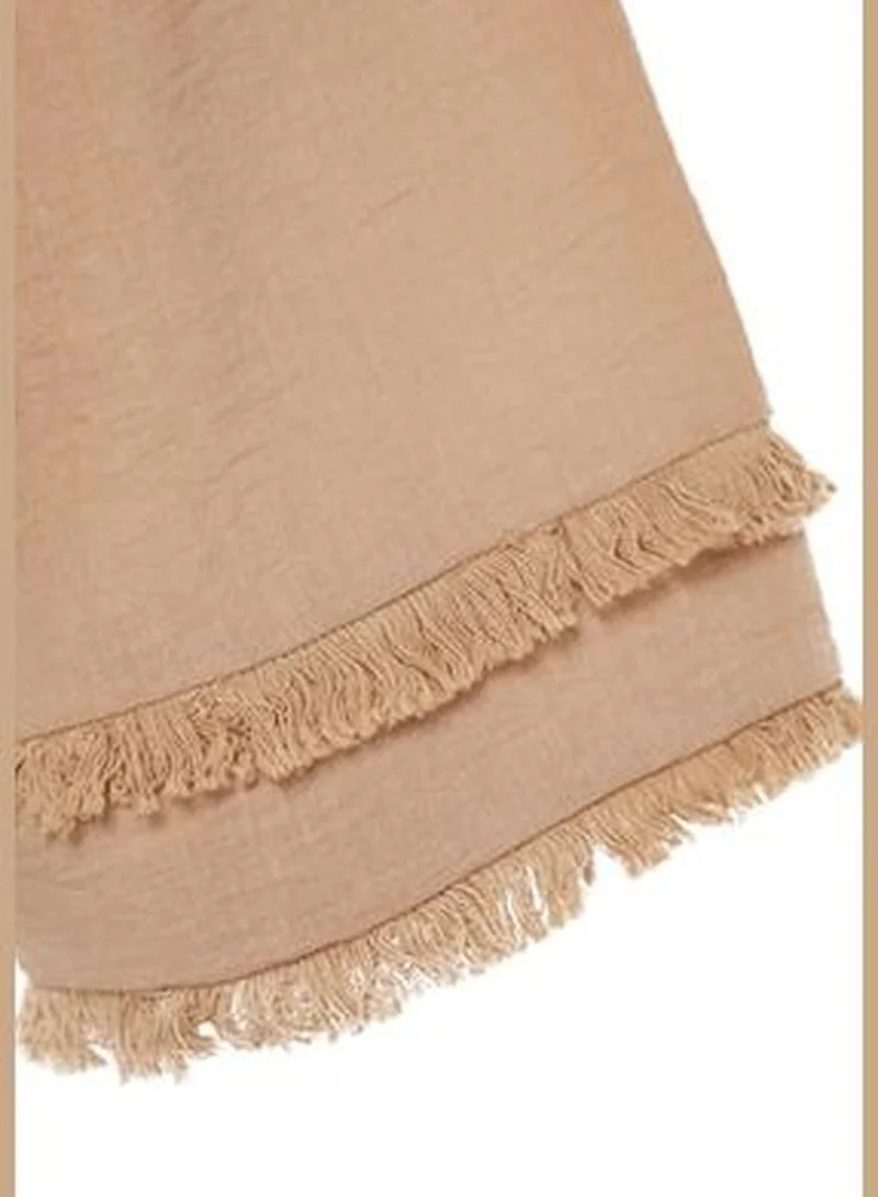 trendyol X Kevser Sarıoğlu Beige Weave Tunic with Tassel Detail, Stand-Up Collar T