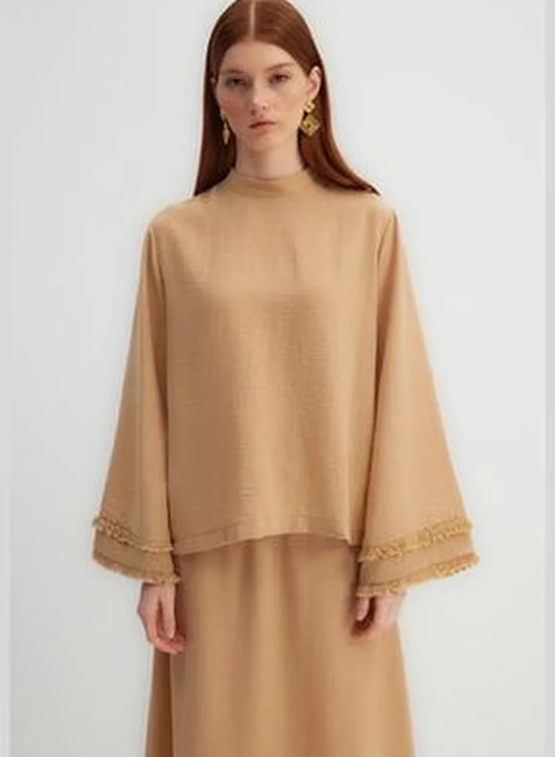 trendyol X Kevser Sarıoğlu Beige Weave Tunic with Tassel Detail, Stand-Up Collar T