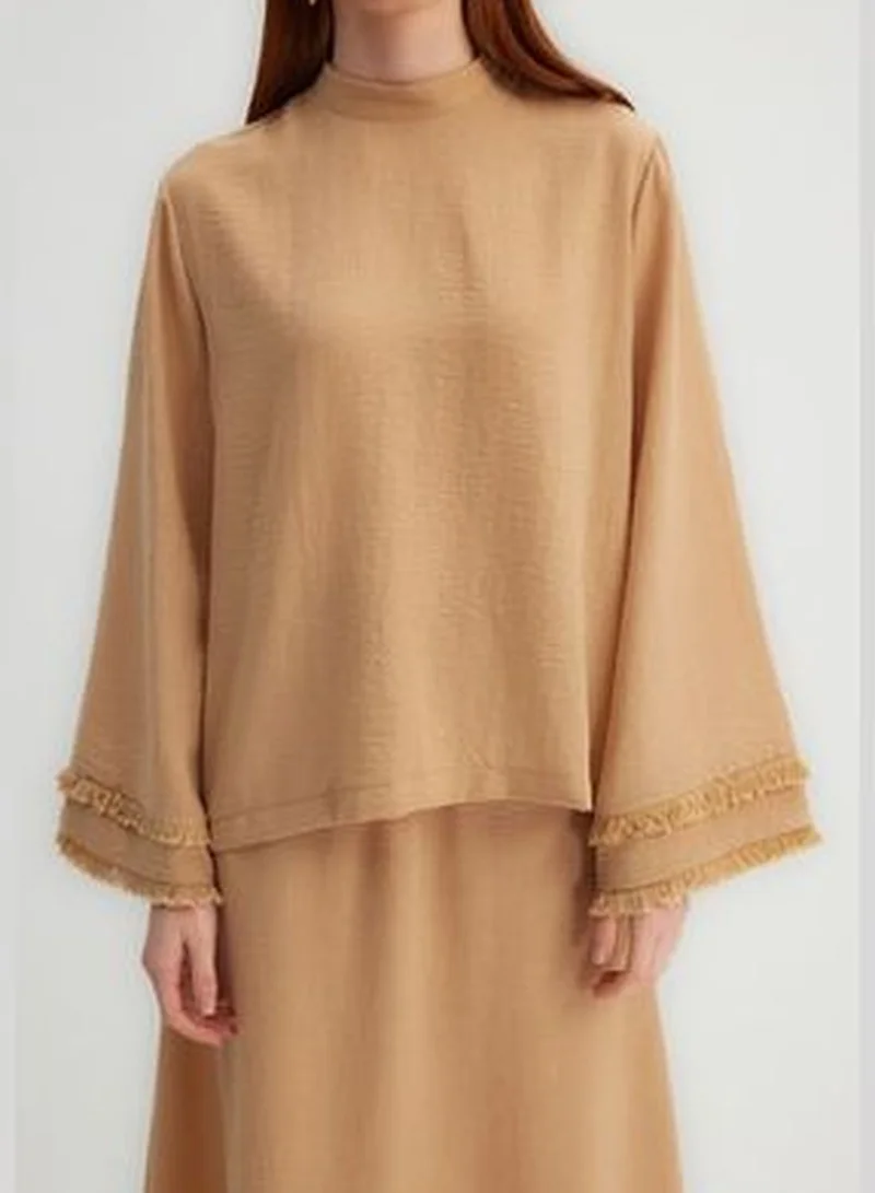 trendyol X Kevser Sarıoğlu Beige Weave Tunic with Tassel Detail, Stand-Up Collar T