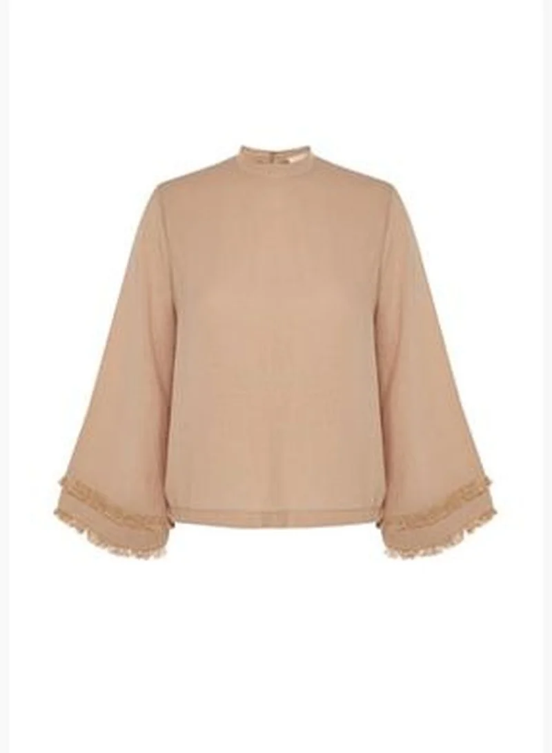 trendyol X Kevser Sarıoğlu Beige Weave Tunic with Tassel Detail, Stand-Up Collar T
