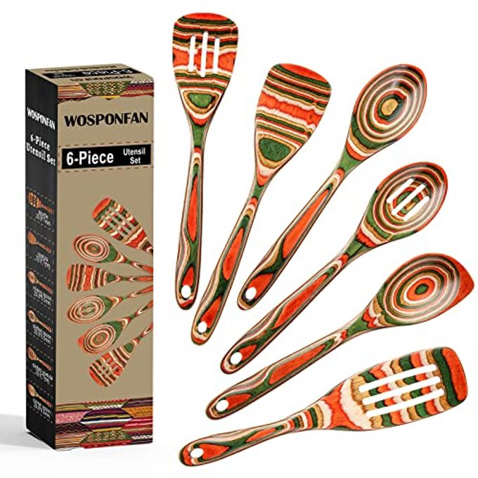 wosponfan Wooden Spoons for Cooking, WOSPONFAN Kitchen Utensils Set, Pakkawood Kitchen Cooking Utensils Set, Apartment Essentials Wood Serving Spatula spoon, Salad Tongs, Home & kitchen Gift for Women - Image 4