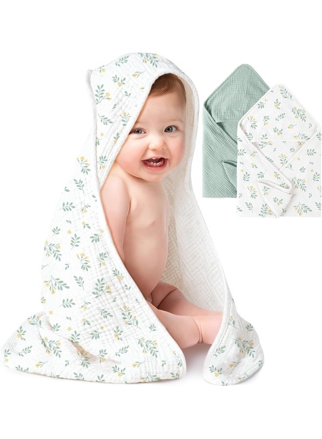 Konssy 2-Pack Muslin Hooded Baby Towels, 100% Cotton, Ultra-Soft & Absorbent Baby Bath Towels with Hood for Newborn & Infant (Green, Leafy,30" x 30") - Image 1