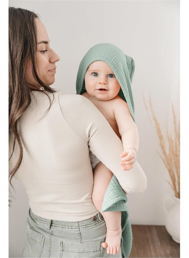 Konssy 2-Pack Muslin Hooded Baby Towels, 100% Cotton, Ultra-Soft & Absorbent Baby Bath Towels with Hood for Newborn & Infant (Green, Leafy,30" x 30") - Image 5