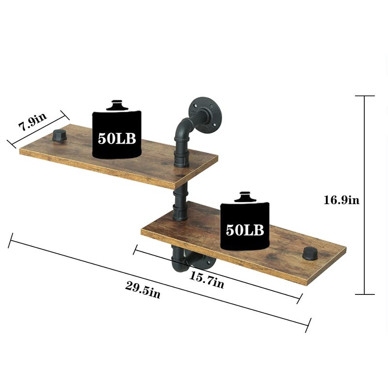 MAIKAILUN 2 Tier Industrial Shelves, Industrial Pipe Shelving, Pipe Corner Shelves with Wood Planks, Floating Shelves Wall Mounted, Retro Rustic Industrial Shelf for Bar Kitchen Living Room - Image 2